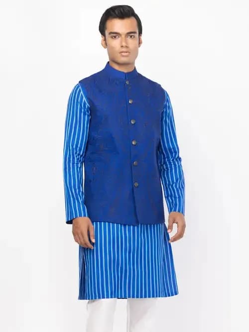 Blue Embroidered Cotton Slim Fit Panjabi Pajama Set with Coaty