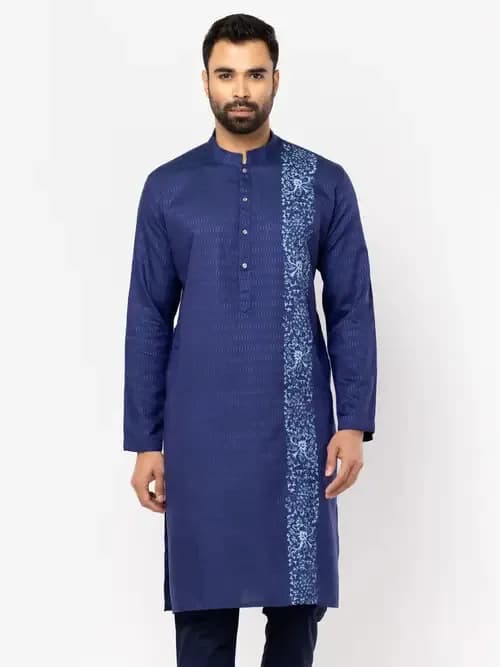 Blue Textured and Printed Viscose-Cotton Panjabi Pajama Set