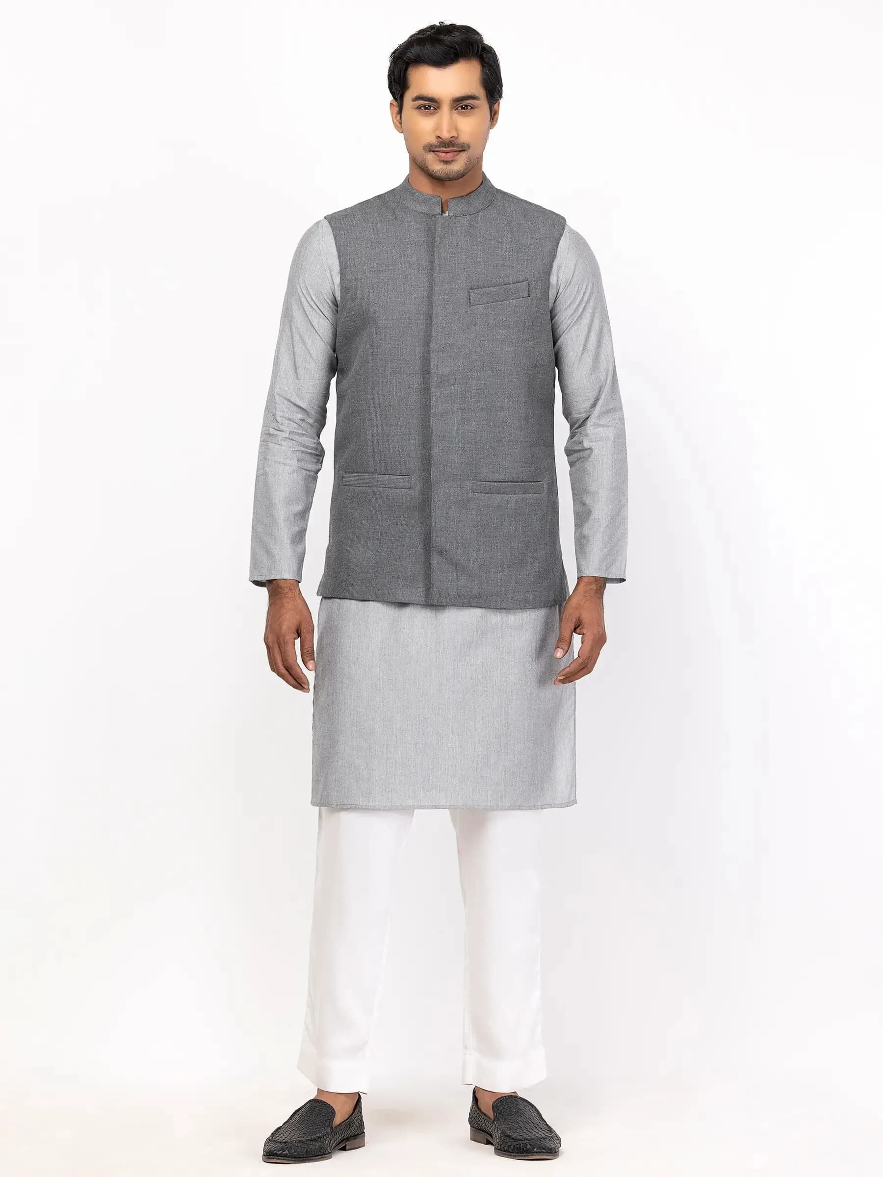 Grey Cotton Slim Fit Panjabi Pajama Coaty Set